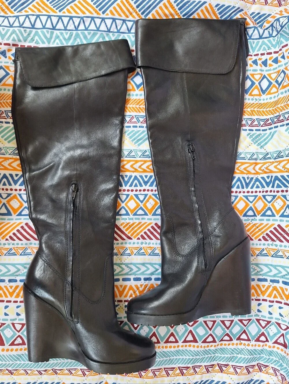 Lauren Ralph Lauren Wilda Black Leather Wedge Knee High Foldover Boots Size 6.5